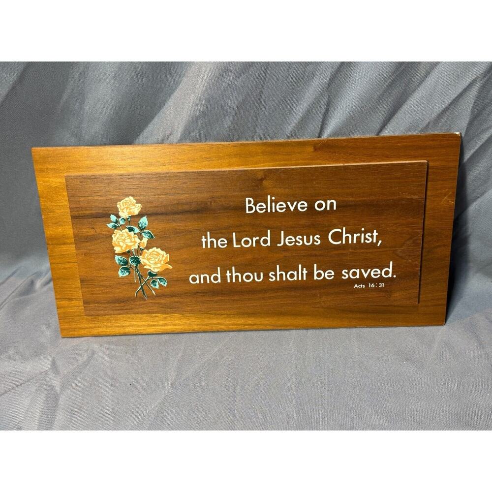 Vintage 16" Wooden Religious Wall Plaque Sign Acts 16:31 Believe on the Lord